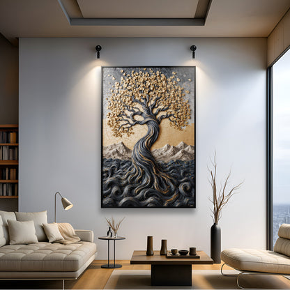 Golden Tree of Life Minimalist Impasto Wall Art