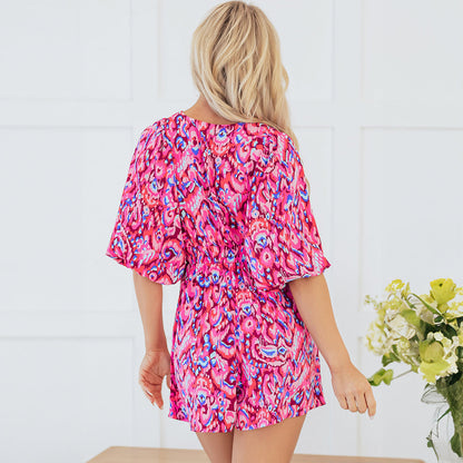 Abstract Puff Sleeve V-Neck High Waist Romper