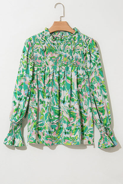 Leaf Flounce Sleeve Shirred Mock Neck Blouse