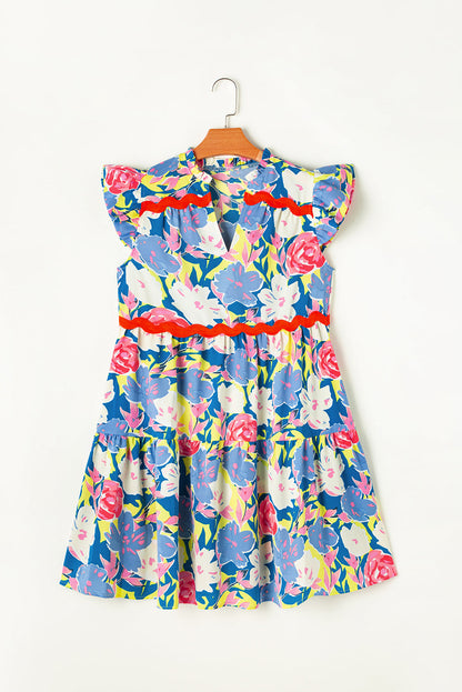 Floral V-Notch Ric-Rac Flutter Sleeve Dress