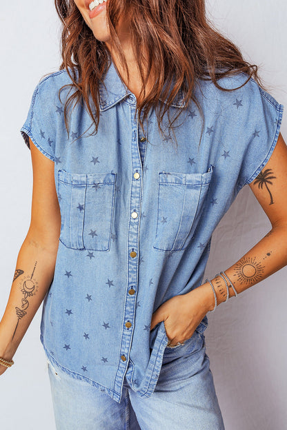 Double Chest Pocket Short Sleeve Denim Shirt