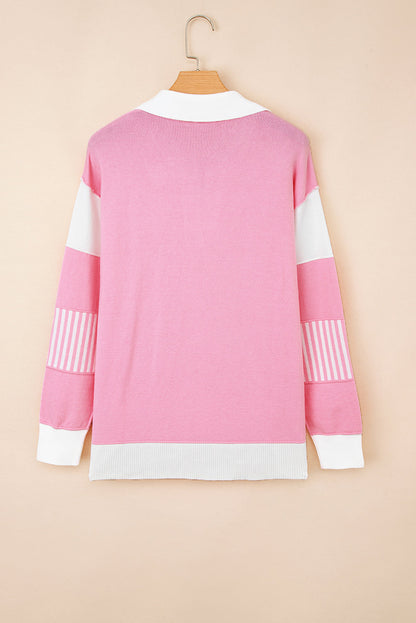 Stripe Colorblock Collared Drop Shoulder Sweater