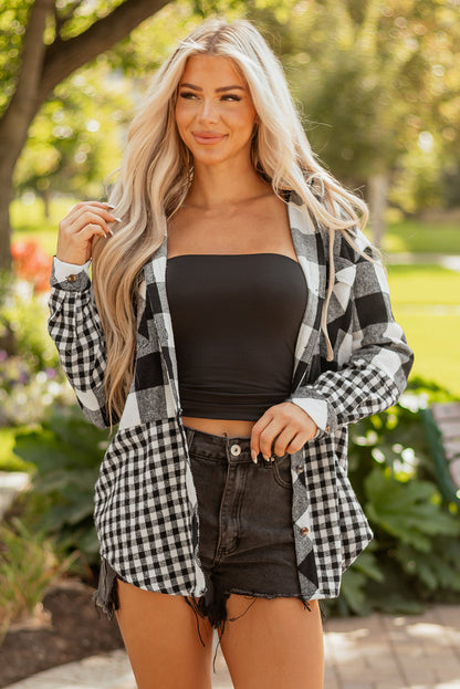 Plaid Patchwork Drawstring Hooded Shacket