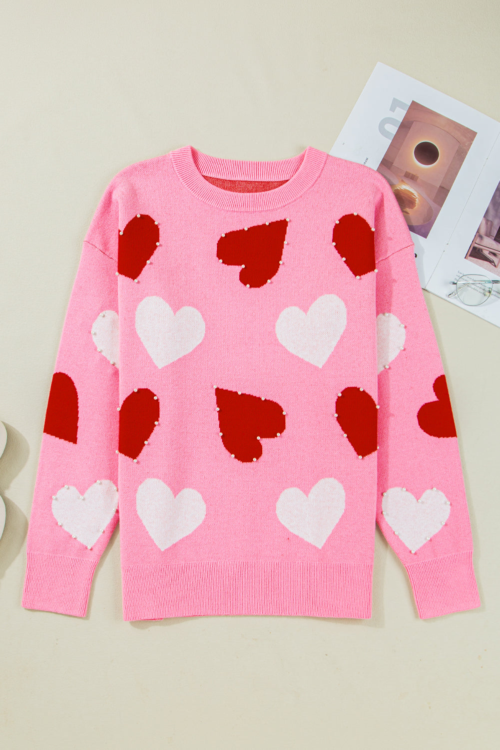 Valentine Heart Pearl Embellished Sweater