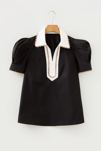 Ricrac Trim Shirt Collar Short Sleeve Blouse