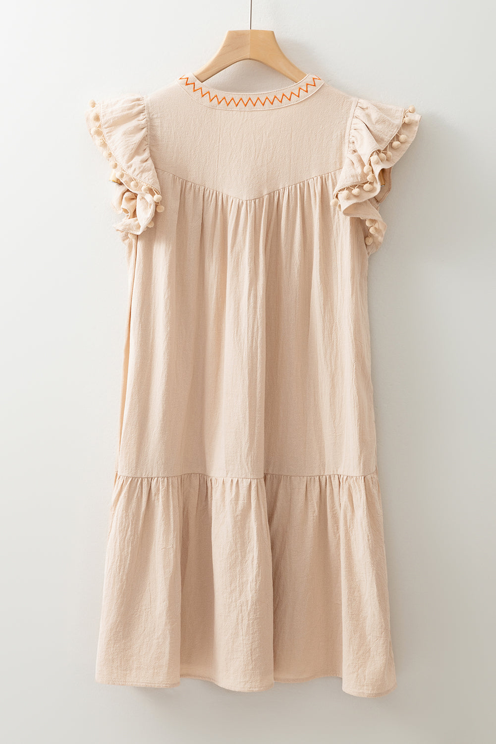 Linen Embroidery Pom Pom Ruffle Dress