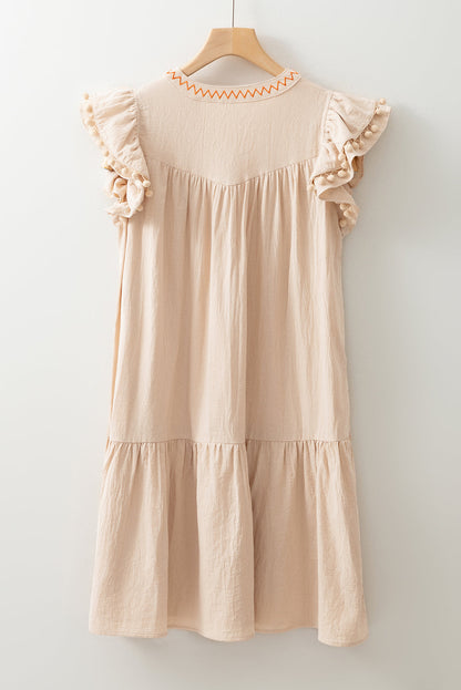 Linen Embroidery Pom Pom Ruffle Dress