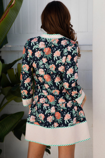 Floral Stripe Trim V-Neck Ruffle Hem Mini Dress