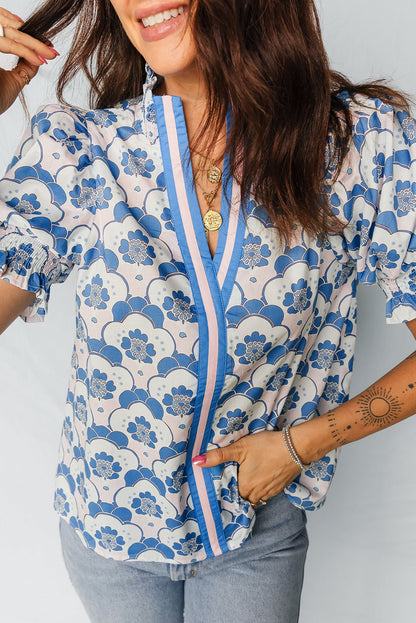 V-Neck Floral Flounced Short Sleeve Blouse