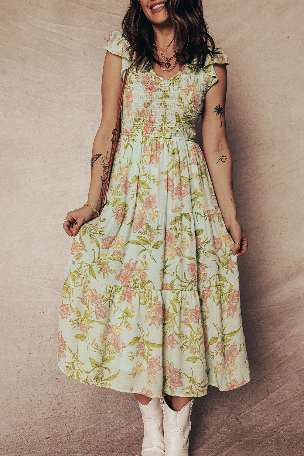 Floral Smocked Bodice Ruffled Maxi Dress