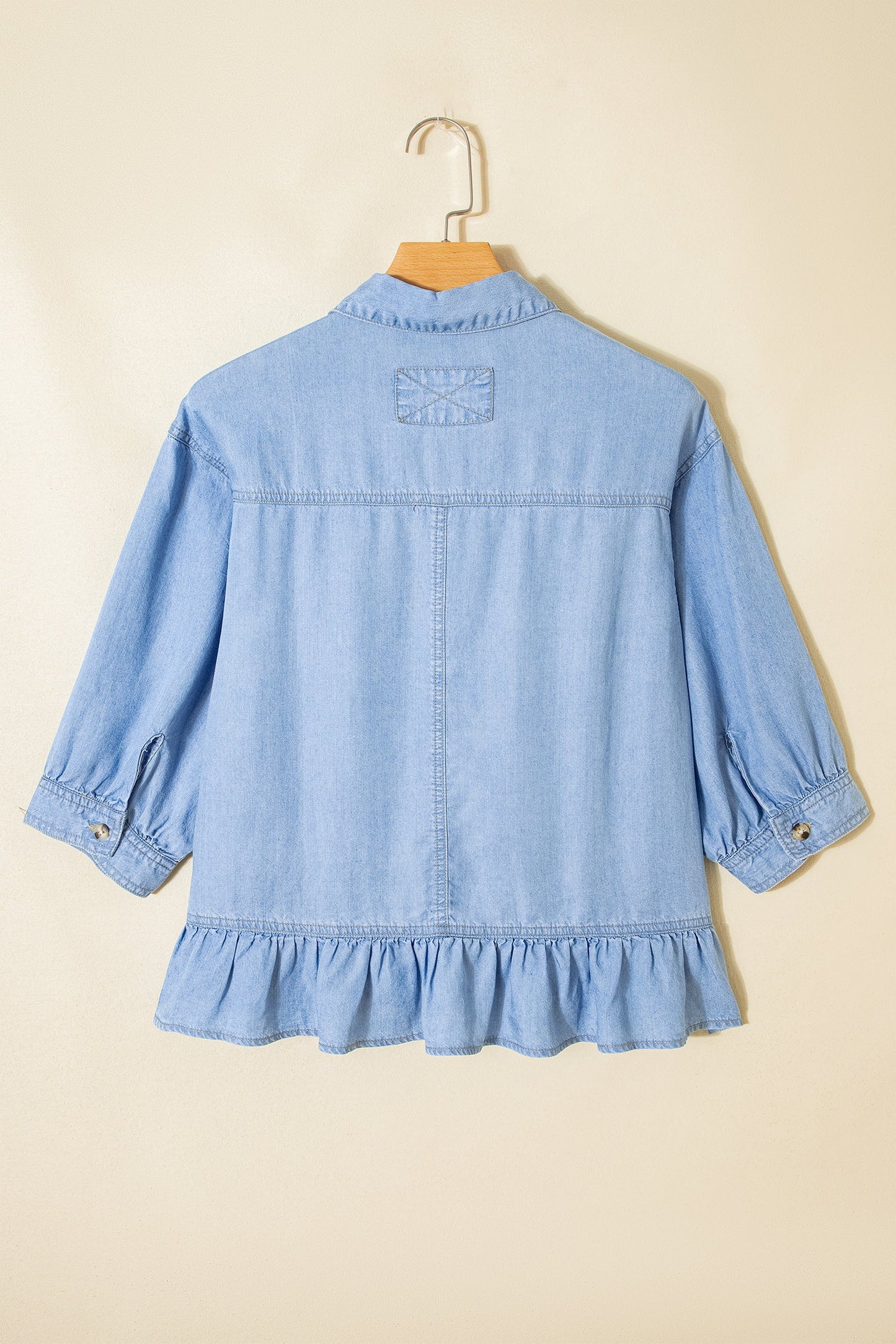 Half Sleeve Ruffle High-Low Chambray Shirt