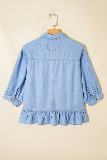 Half Sleeve Ruffle High-Low Chambray Shirt