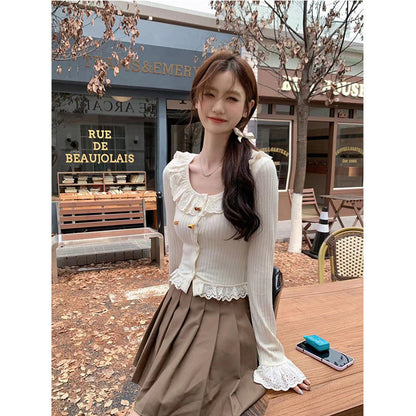 Slim Fit All-matching Long Sleeve Top Ruffled Knitted Cropped T-shirt Tide