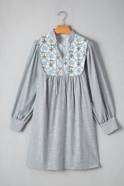 Stripe Floral Patchwork Tied V-Neck Mini Dress
