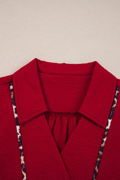 Leopard Contrast Trim V-Neck Textured Blouse