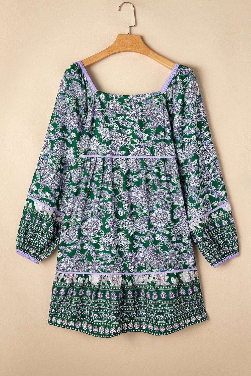 Floral Piping Trim Bubble Sleeve Square Dress