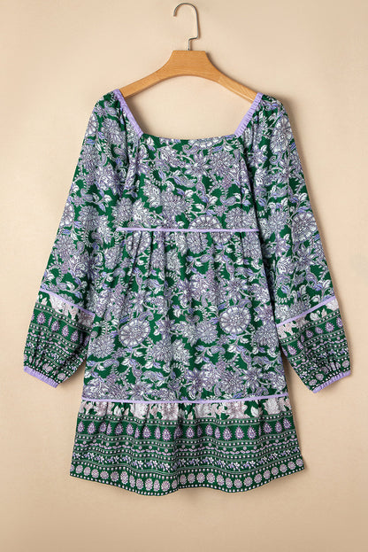 Floral Piping Trim Bubble Sleeve Square Dress