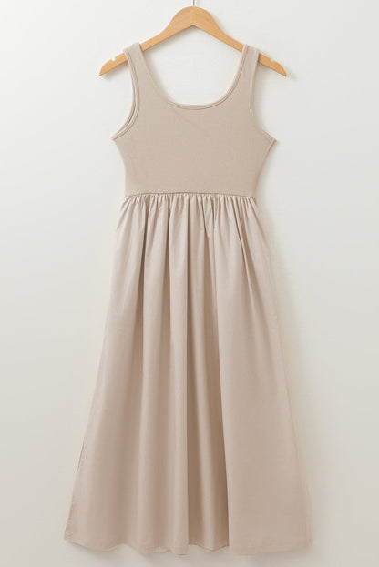 Solid Scoop Neck Ribbed Bodice Pleated Maxi Dress
