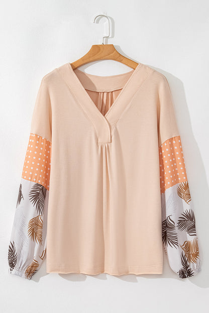 Tropical Polka Dot Patchwork Puff Sleeve V-Neck Blouse