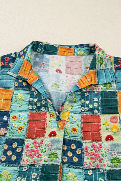 Floral Patchwork Long Sleeve Collared V-Neck Blouse