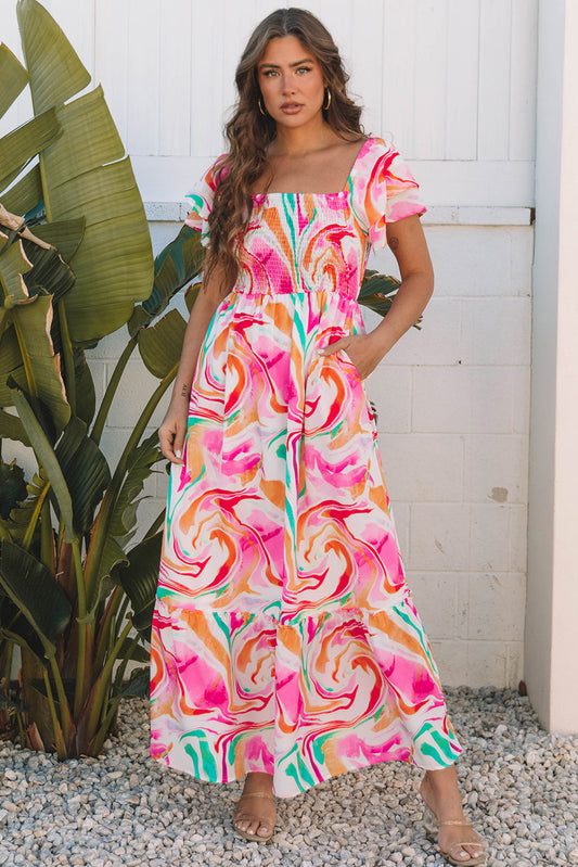 Abstract Ruffle Sleeve Smock Maxi Dress