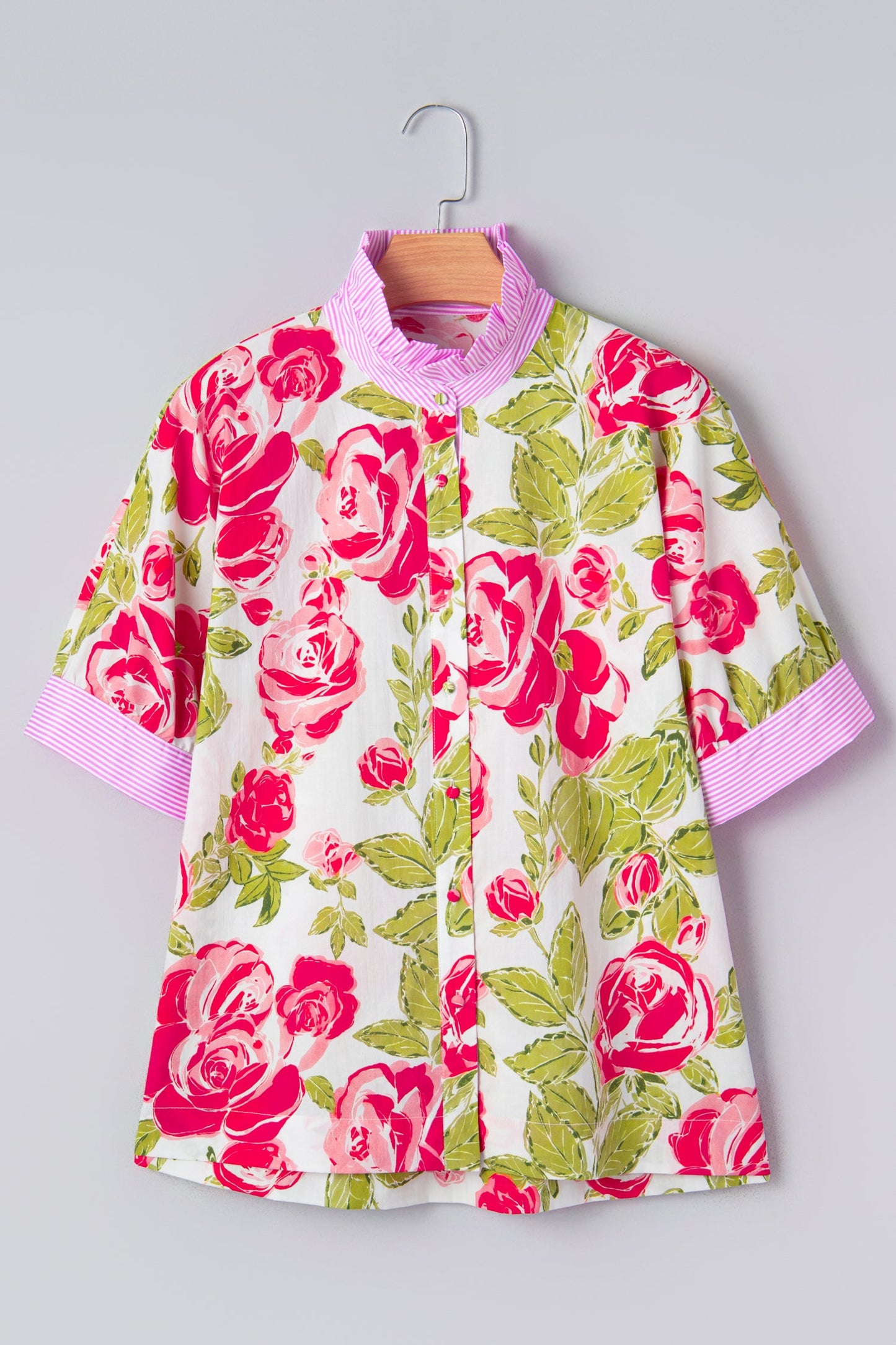 Stripe Trim Frill Collar Short Sleeve Shirt
