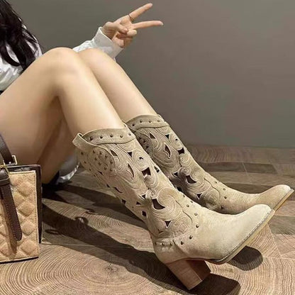 Embroidered Chunky Heel Cowboy Boots