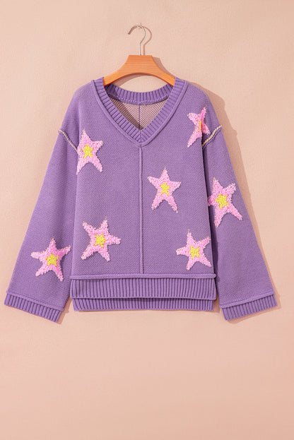 Star Graphic V-Neck Drop Shoulder Oversized Sweater