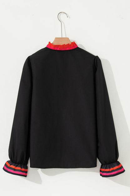 Stripe Trim Ruffle Split Neck Long Sleeve Blouse