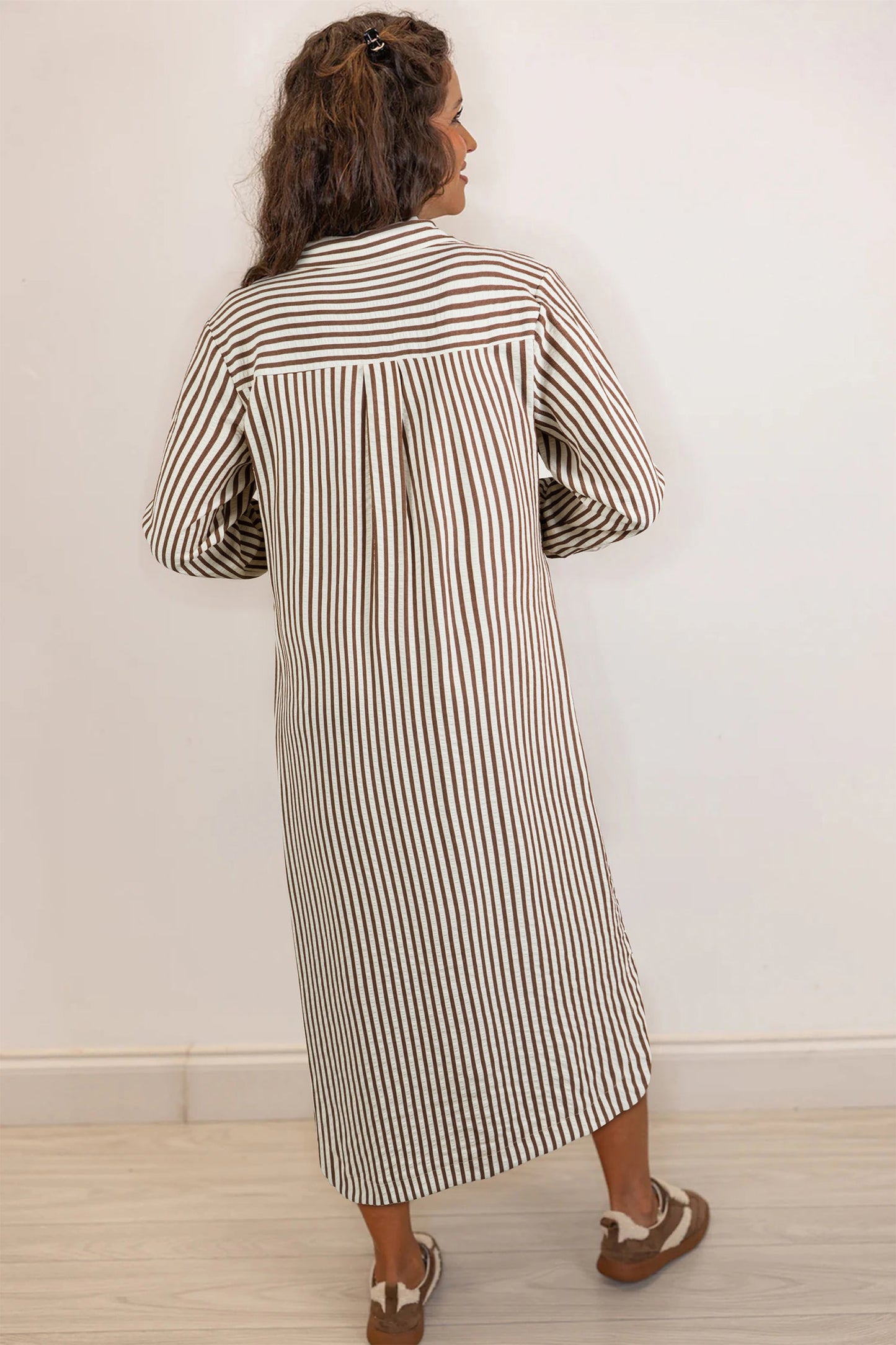 Textured Stripe 3/4 Sleeve Split Midi Dress
