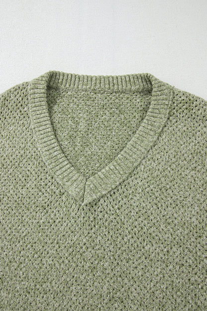 Solid Eyelet V-Neck Drop Shoulder Sweater