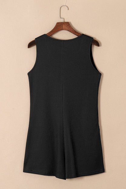 Waffle Sleeveless U-Neck Buttons Romper With Pockets