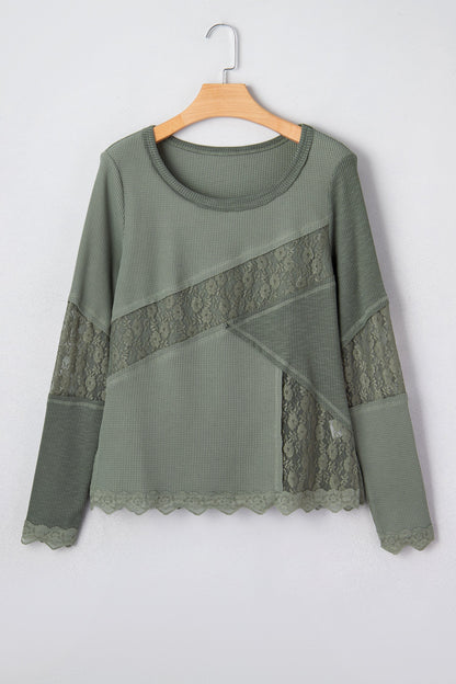Solid Waffle Rib Lace Patchwork Top