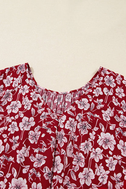 Plus Size Floral Balloon Sleeve V-Neck Mini Dress