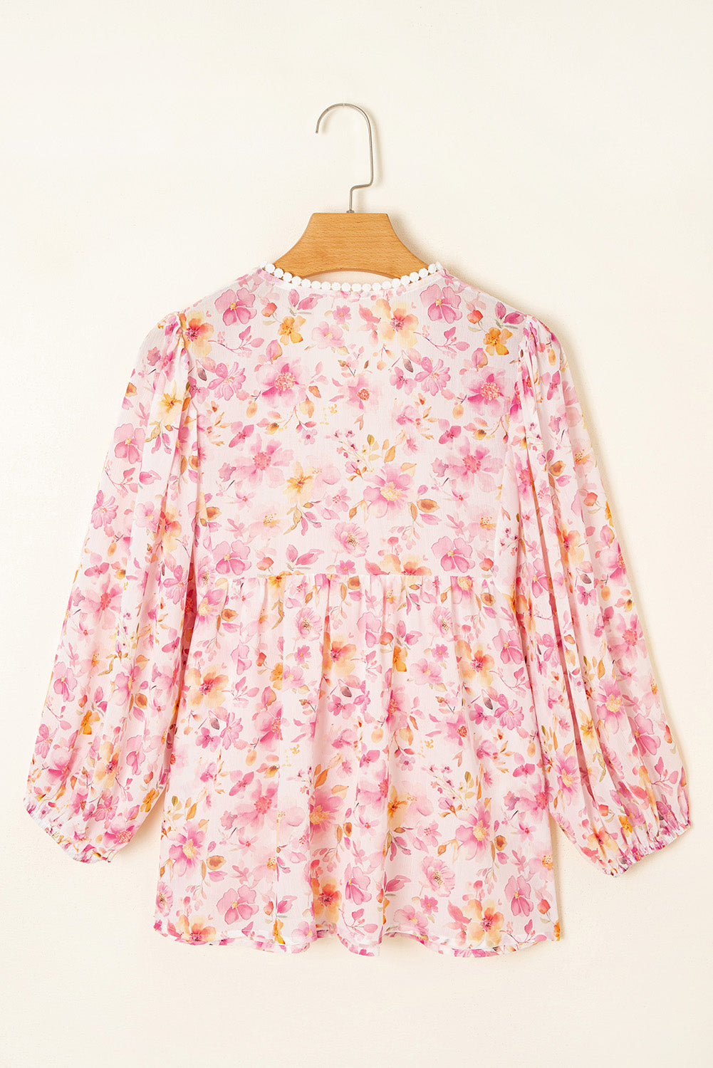 Floral Tassel Tie V-Neck Puff Sleeve Tunic Blouse