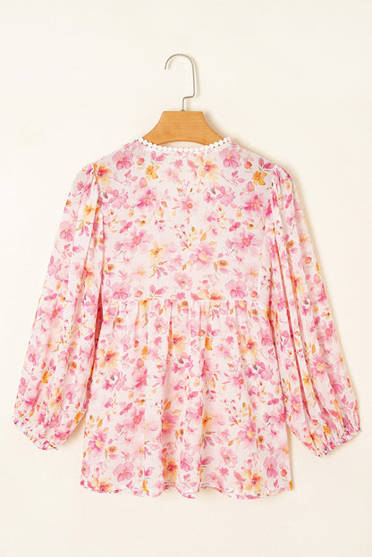 Floral Tassel Tie V-Neck Puff Sleeve Tunic Blouse