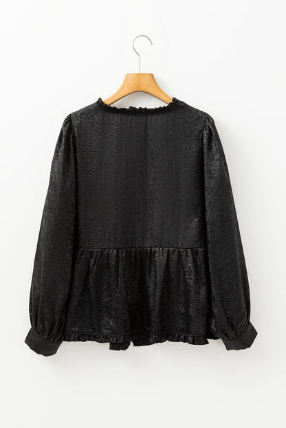 Solid Metallic V-Neck Puff Sleeve Babydoll Blouse