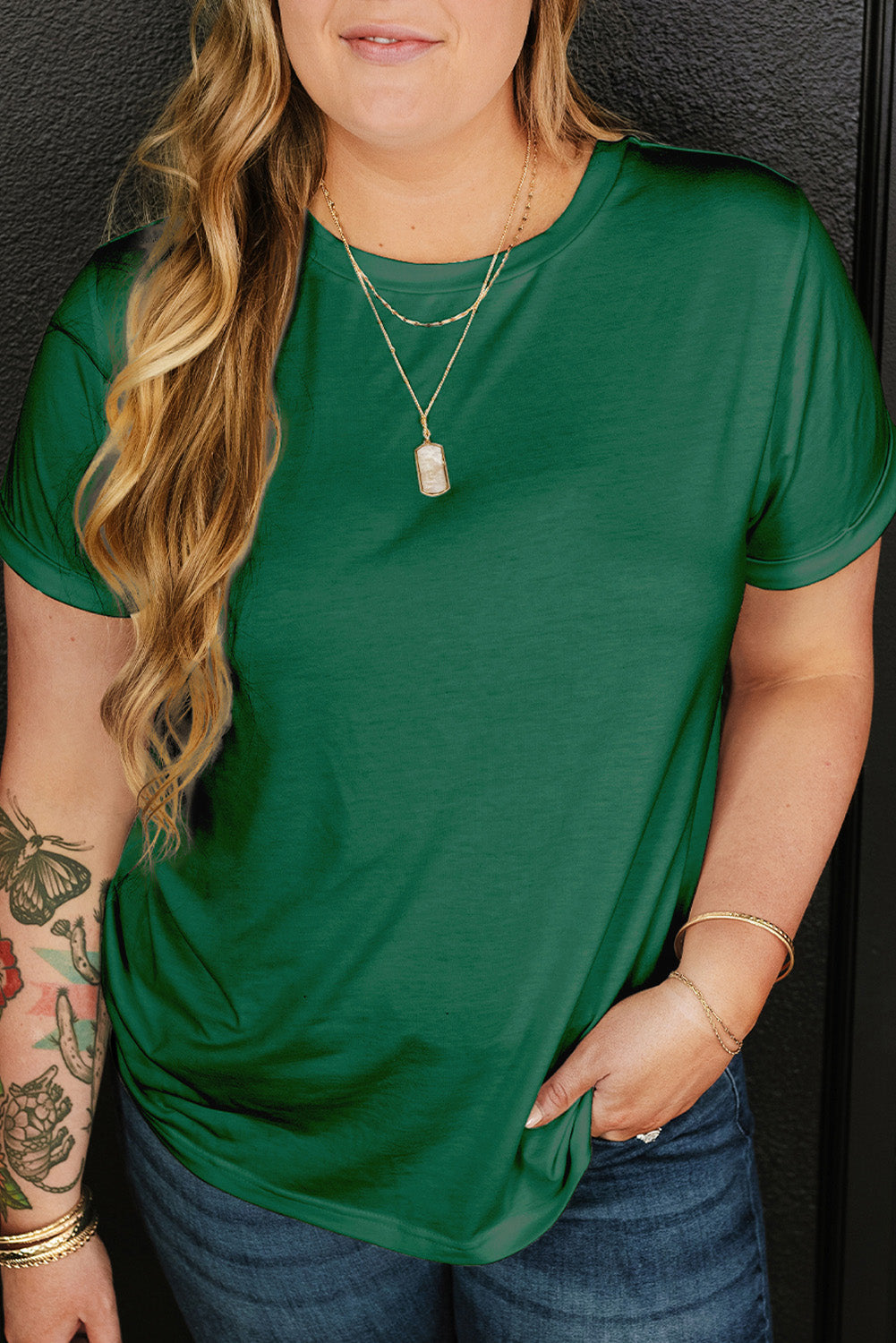 Plus Size Round Neck Roll Sleeve T-shirt