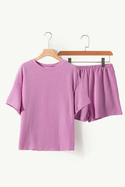 Solid Corded Short Sleeve Tee and Shorts Set