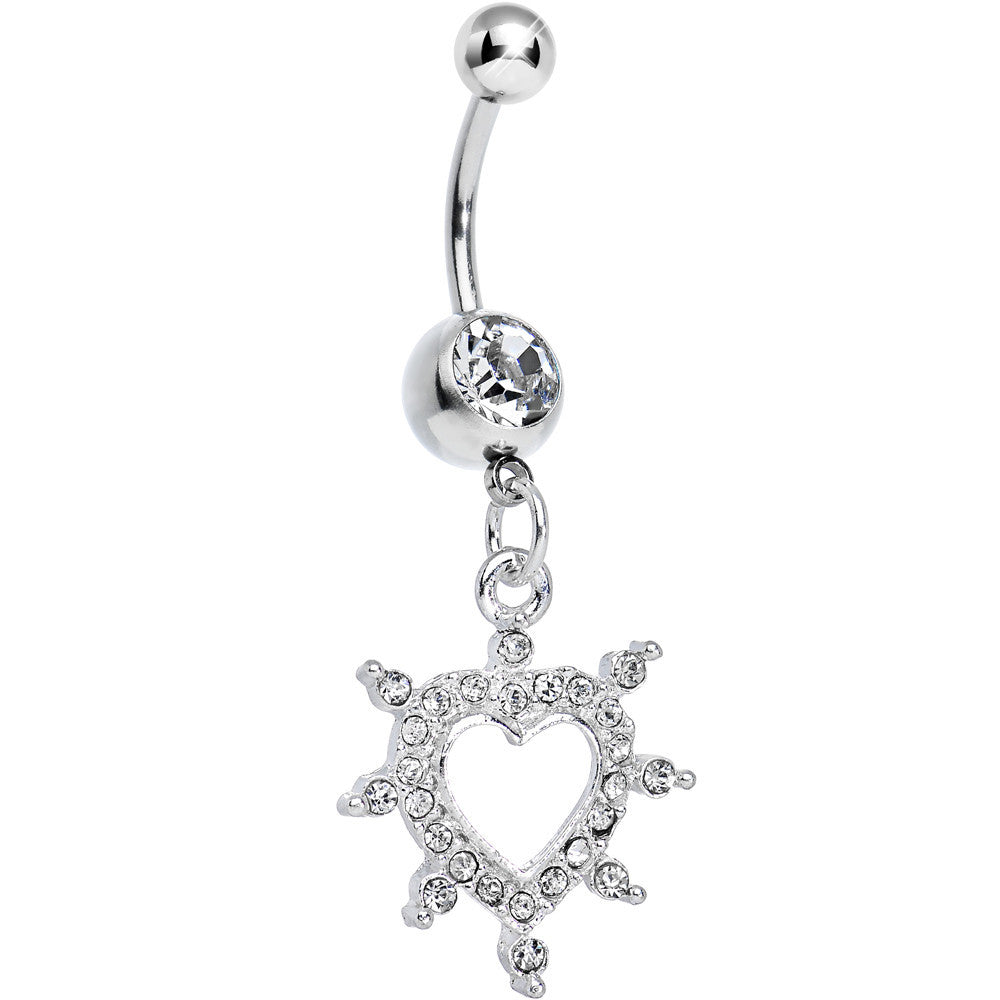 Crystalline Gem Bursting in Love Paved Heart Dangle Belly Ring