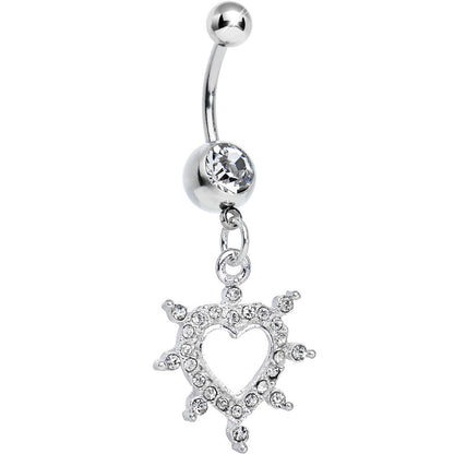 Crystalline Gem Bursting in Love Paved Heart Dangle Belly Ring