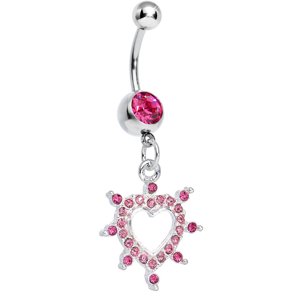 Pink Gem Bursting in Love Paved Heart Dangle Belly Ring