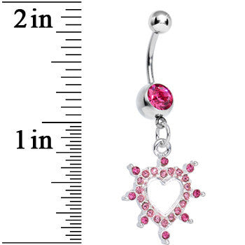 Pink Gem Bursting in Love Paved Heart Dangle Belly Ring