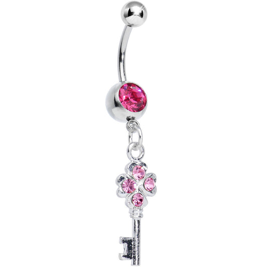 Pink Gem Antique Magic Heart Key Dangle Belly Ring
