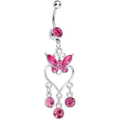 Pink Gem Butterfly Hollow Heart Gem Dangle Belly Ring