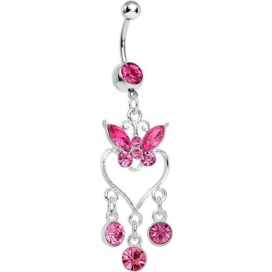 Pink Gem Butterfly Hollow Heart Gem Dangle Belly Ring