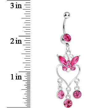 Pink Gem Butterfly Hollow Heart Gem Dangle Belly Ring