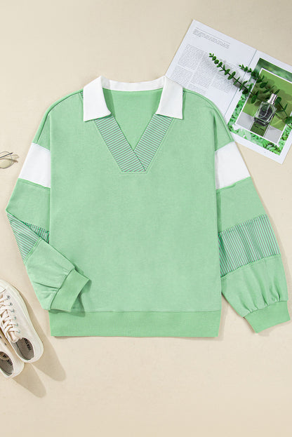 Plus Size Colorblock Stripe Patchwork Collared V-Neck Sweatshirt