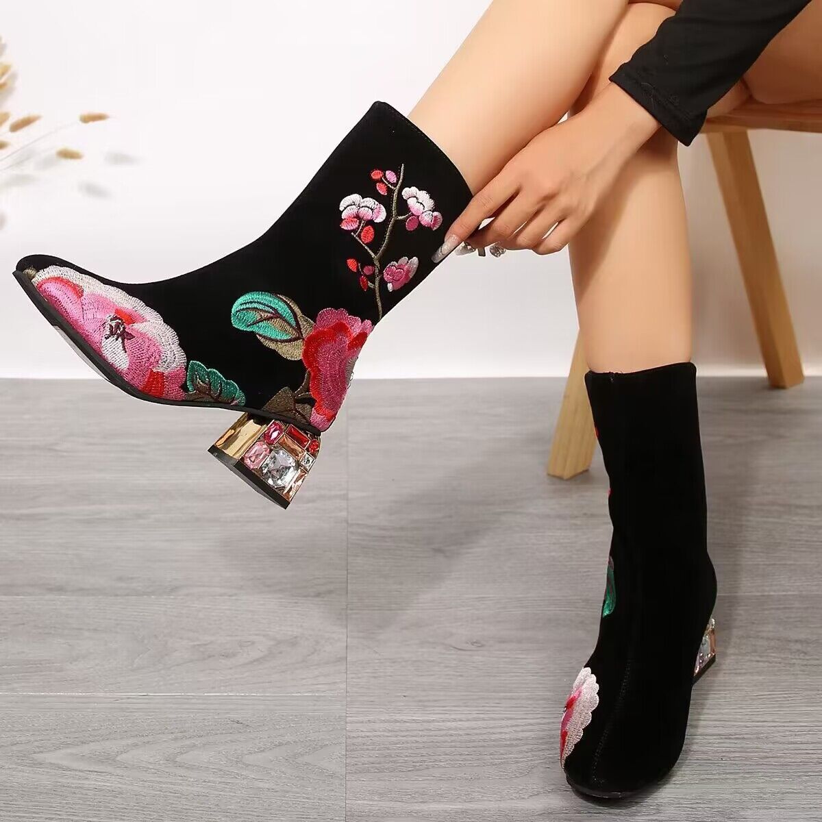 Flower Embroidered Mid-Calf Boots