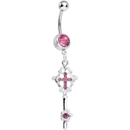 Pink Gem Key to Faith Cross Dangle Belly Ring